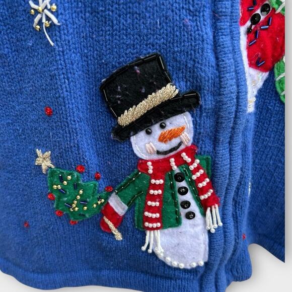 VTG Heirloom Collectibles Snowman Christmas Cardigan Sweater Blue Women's Large - Picture 3 of 12